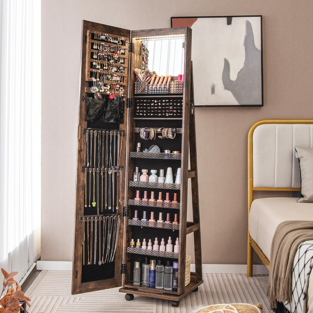 Lockable Jewelry Cabinet Armoire with Built-in Makeup Mirror and 3-Color LED Lights-Rustic Brown