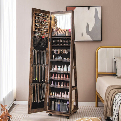 Lockable Jewelry Cabinet Armoire with Built-in Makeup Mirror and 3-Color LED Lights-Rustic Brown