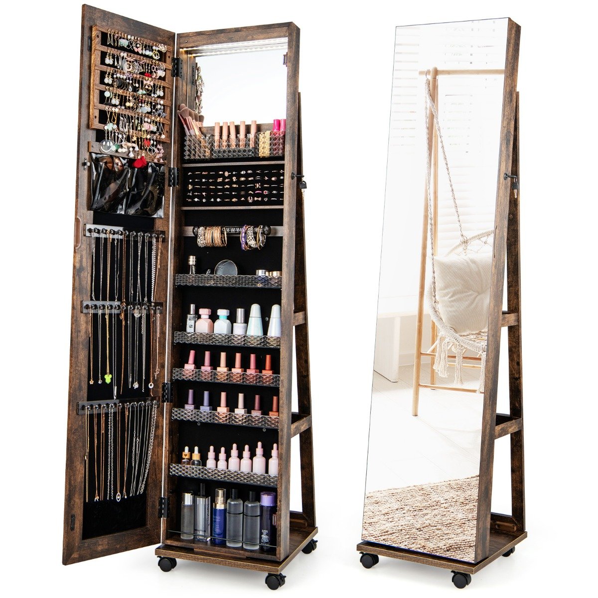 Lockable Jewelry Cabinet Armoire with Built-in Makeup Mirror and 3-Color LED Lights-Rustic Brown