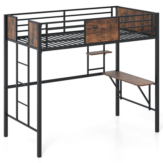 Loft Bed Single Size Heavy Duty Metal Bedframe in Rustic Brown