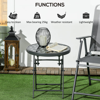 Outsunny _45cm Garden Side Table, Outdoor Round Folding Patio Table with Imitation Marble Glass Top, Small Coffee Table, Black and White