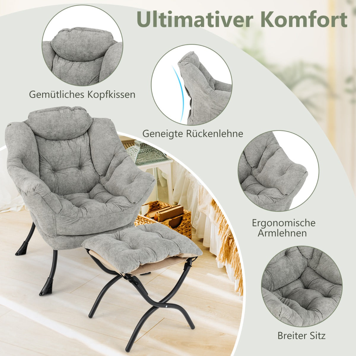 Oversized Sherpa Lounge Accent Chair with Folding Footrest and Side Pocket-Grey