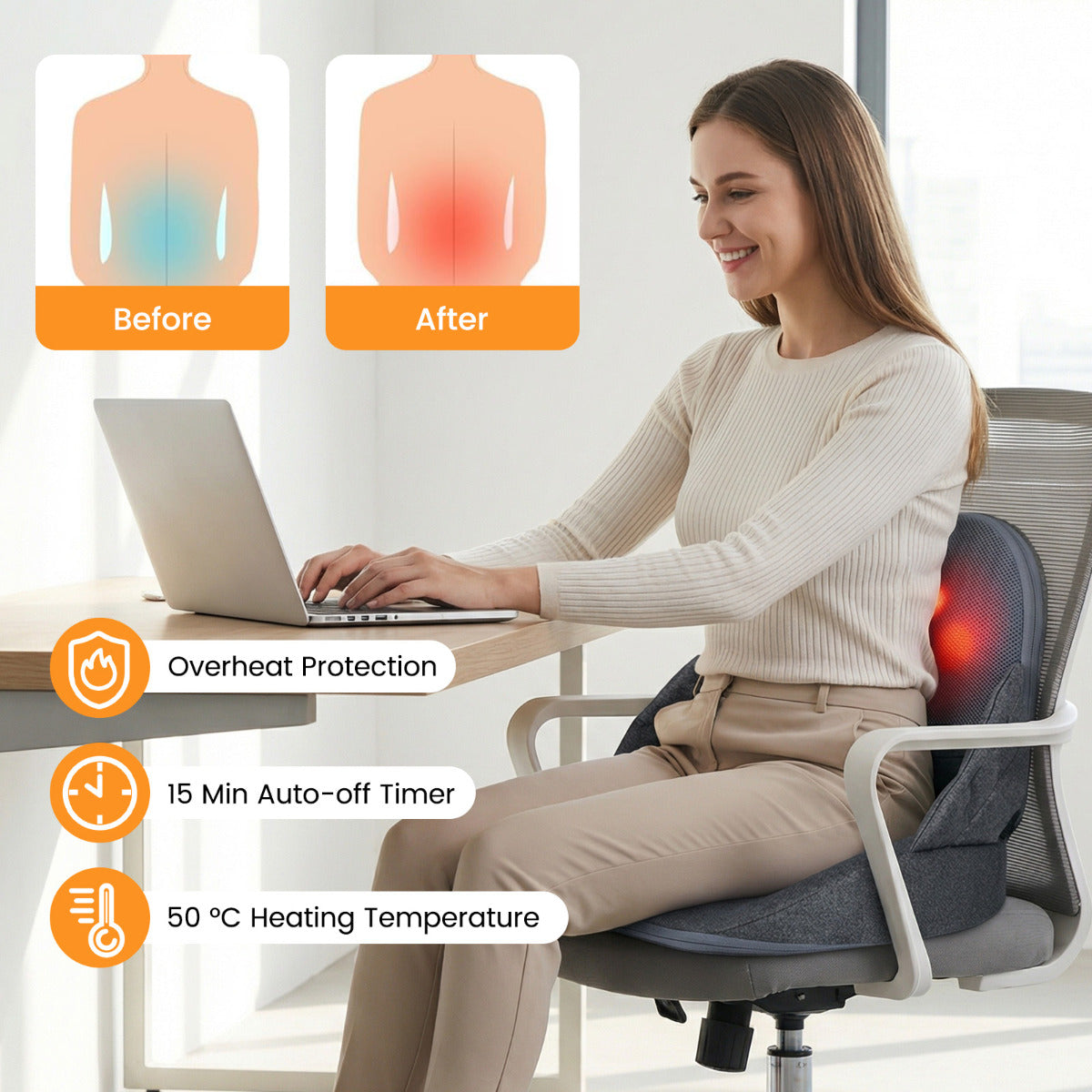 Low Back Massager with Heat Foldable Shiatsu Massage Lumber and Hip Support Seat Cushion-Grey