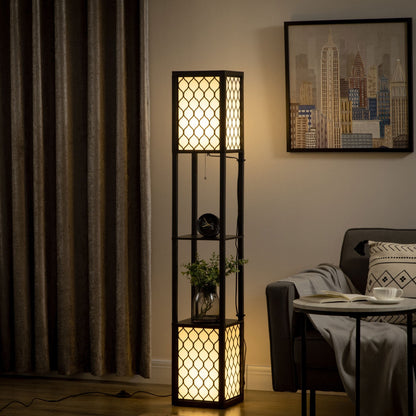 HOMCOM Floor Lamp with Shelves, Dual Light, Modern Tall Standing Lamps for Living Room, Bedroom, with Chain Switch, Bulb not Included, Black