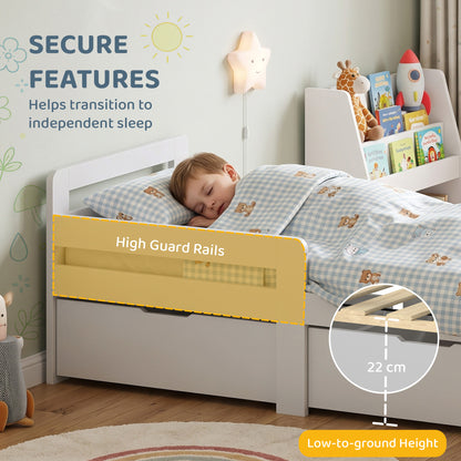 AIYAPLAY Wooden Kids Bed Frame with 2 Storage Drawers and Guard Rails for Ages 4-14, 144 x 76 x 57 cm (No Mattress), Grey