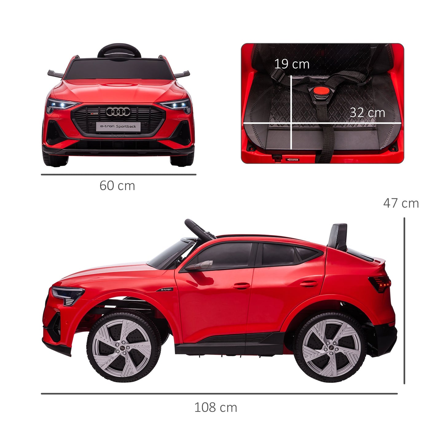 HOMCOM Audi E-tron Licencjonowany 12V Elektryczny Samochód Dla Dzieci, Elektryczny Samochód Dla Dzieci, Z Pilotem Rodzicielskim, Muzyczne Światła MP3, Koła Zawieszone, Dla Dzieci w Wieku 3-5 Lat, Czerwony