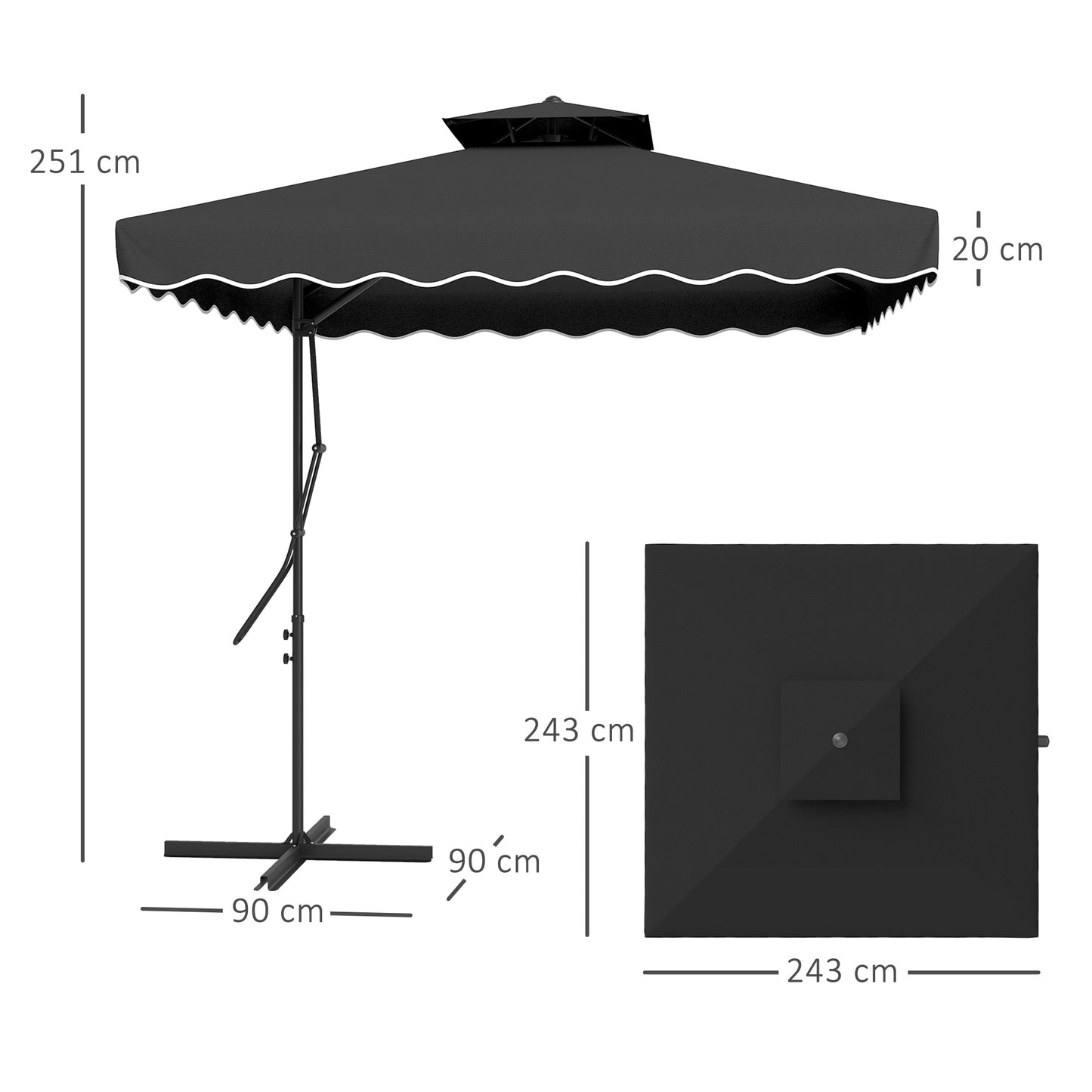 Outsunny 2,5 m parasol wspornikowy z łatwą dźwignią, kwadratowy podwójny parasol ogrodowy z falbankami i poprzeczną podstawą, zwisające zewnętrzne osłony przeciwsłoneczne, czarny