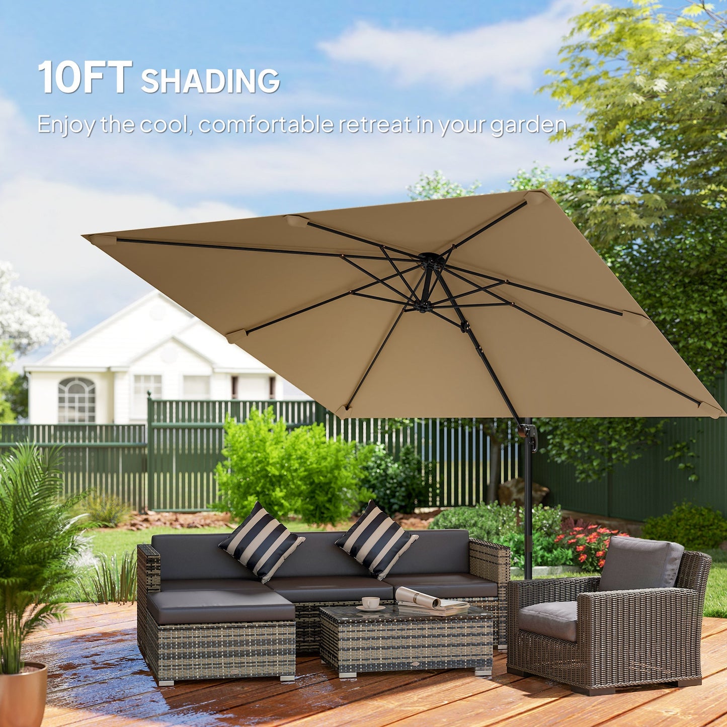 Outsunny 3 x 3 m Cantilever Parasol, Square Patio Umbrella with Crank Handle, Cross Base, Tilt, 360Â° Rotation, Khaki