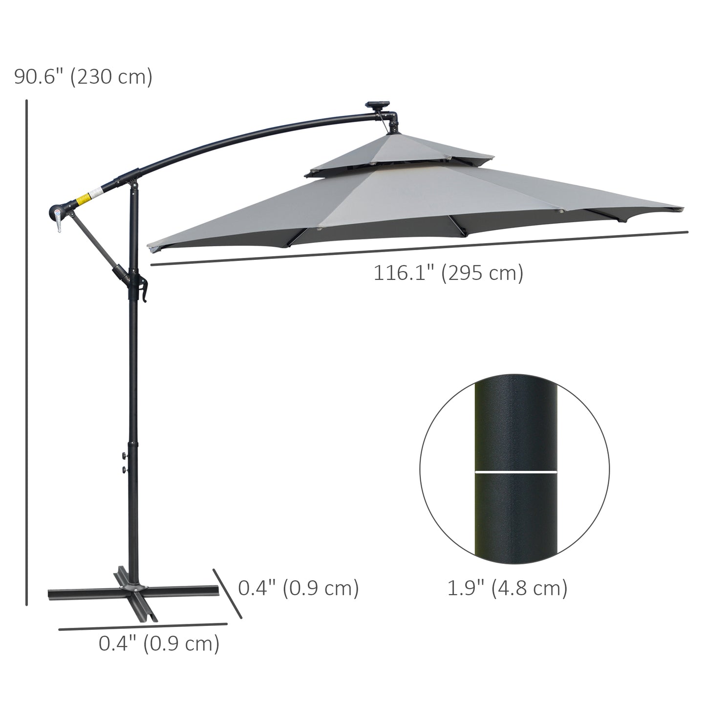 Outsunny 3(m) Cantilever Banana Parasol wiszący z podwójnym dachem, światłami LED Solar, korbą, 8 wytrzymałymi żebrami i podstawą krzyżową do użytku na zewnątrz, w ogrodzie, na patio, jasnoszary
