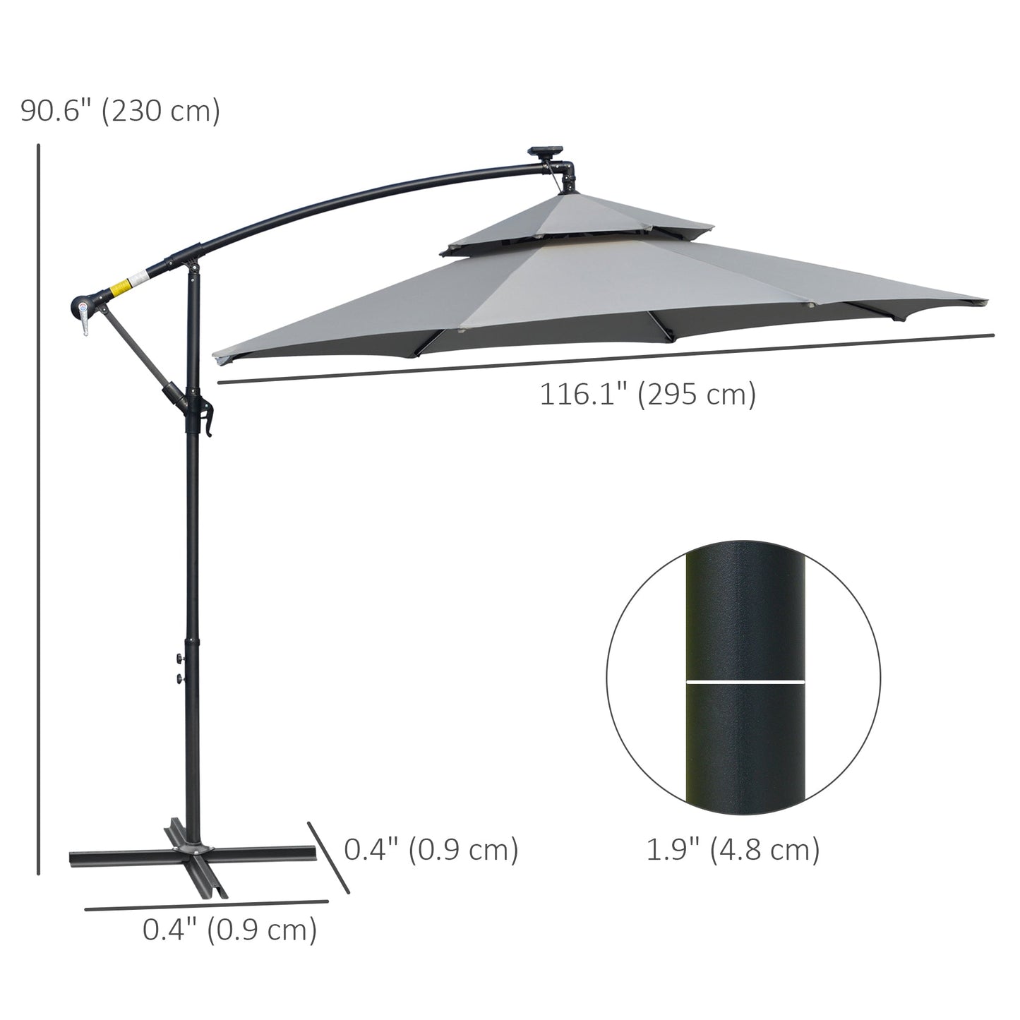Outsunny 3(m) Cantilever Banana Parasol Hanging Umbrella with Double Roof, LED Solar lights, Crank, 8 Sturdy Ribs and Cross Base for Outdoor, Garden, Patio, Light Grey