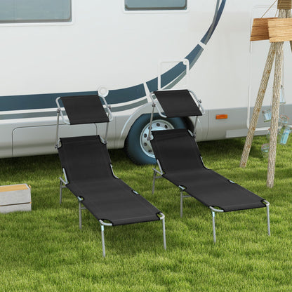 Outsunny Foldable Sun Lounger Set of 2 with Sun Shade & Adjustable Backrest - Black