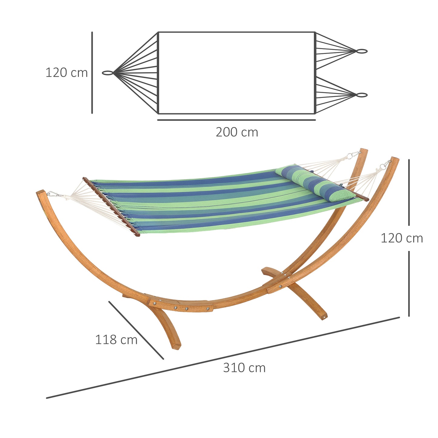 Hamak ogrodowy Outsunny ze stojakiem, hamak ogrodowy z potrójną ramą łukową z drewna eukaliptusowego, łóżko bawełniane dla 1 osoby i poduszka pod głowę, wolnostojące łóżko ogrodowe typu swing na patio, niebieski pasek
