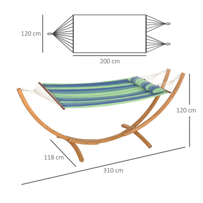 Hamak ogrodowy Outsunny ze stojakiem, hamak ogrodowy z potrójną ramą łukową z drewna eukaliptusowego, łóżko bawełniane dla 1 osoby i poduszka pod głowę, wolnostojące łóżko ogrodowe typu swing na patio, niebieski pasek