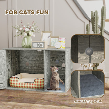 PawHut Cat Litter Box Enclosure z drzwiami rattanowymi, matą do drapania, piłką do zabawy, antypoślizgowymi podkładkami pod stopy, szary