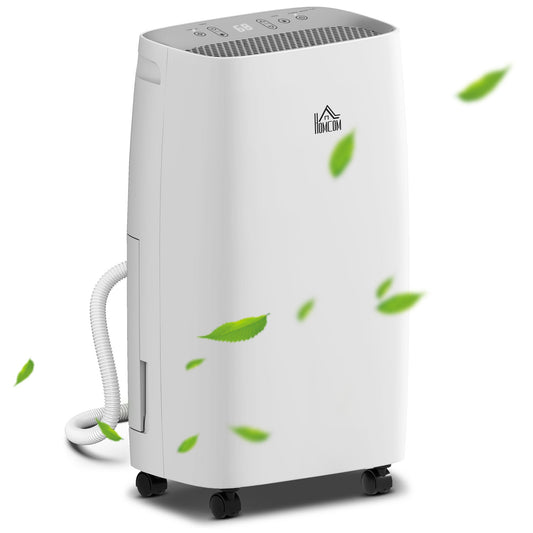 Osuszacz powietrza HOMCOM 12 l/dzień z ciągłym drenażem, zbiornik na wodę 2,5 l, 24-godzinny timer, wyświetlacz wilgotności, do suszenia wilgoci w domu, kondensacji, pleśni i prania, biały