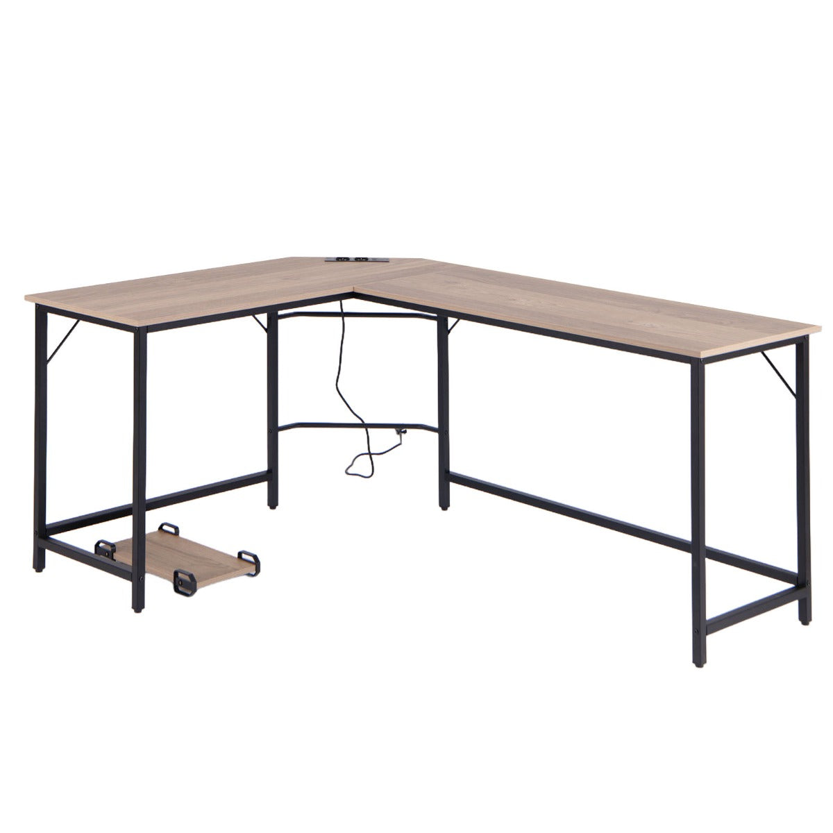 L-Shaped Desk with Power Outlet CPU Stand and Heavy-duty Metal Frame-Natural