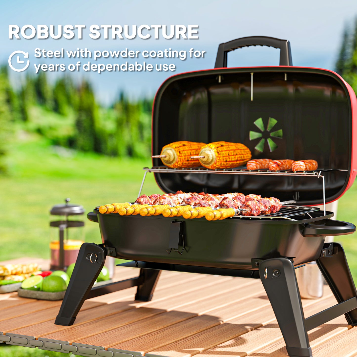 Outsunny Charcoal Barbecue Grill Folding BBQ Grill with 1232 cm√Ç¬≤ Cooking Area, Adjustable Vent, Thermometer, Handles for Camping Picnic, Red