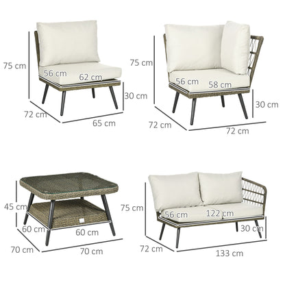 Outsunny 5-częściowa narożna sofa ogrodowa z rattanu, okrągła i podwójna, półokrągła, pleciona, rattanowa, meble ogrodowe z grubymi, wyściełanymi poduszkami i blatem ze szkła hartowanego, dwupoziomowy stół, szary