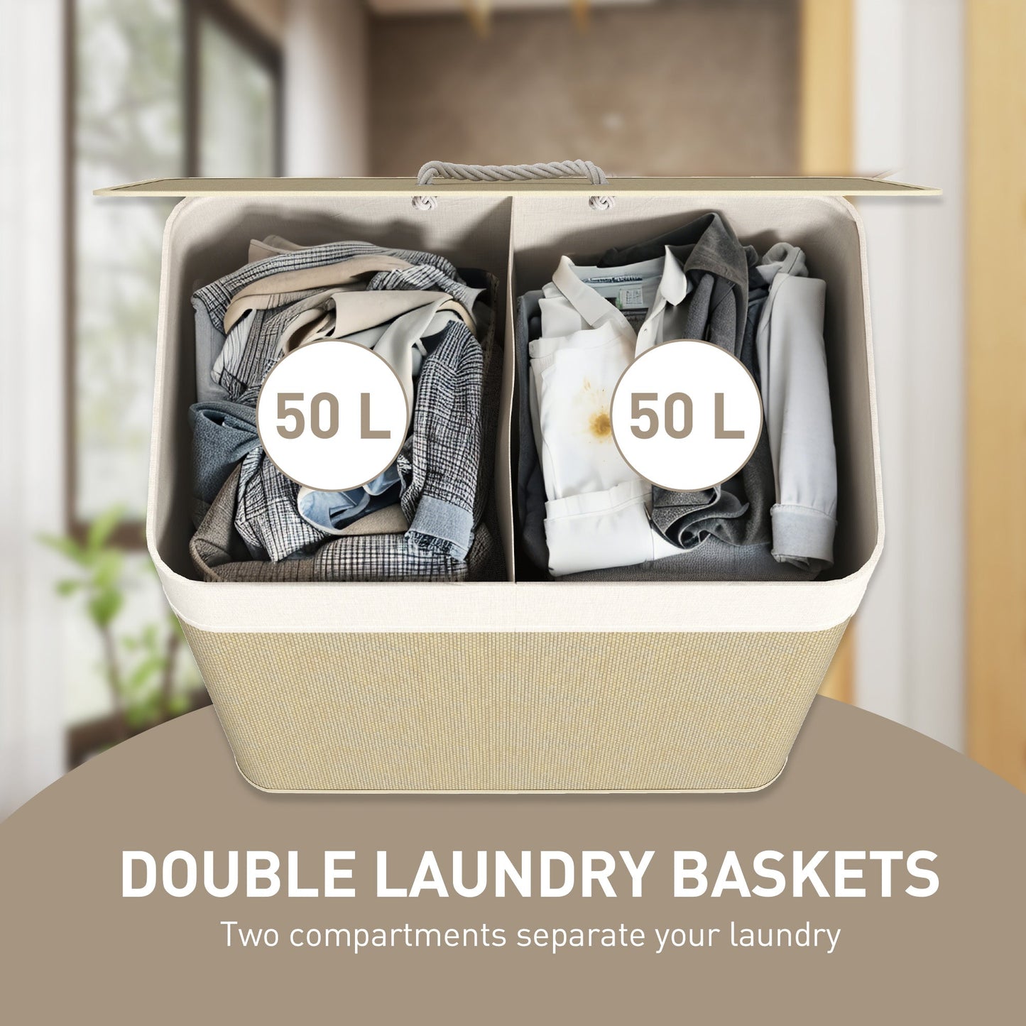 HOMCOM Double Laundry Basket with Lid, 100L Bamboo Laundry Hamper with Rope Handles, Washing Basket with Removable Liner for Bathroom, Bedroom, Cream White