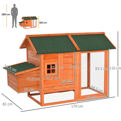 PawHut Chicken Coop with Run Poultry Coops Cages Hen House Small Animal Cage Nesting Box Asphalt Roof Outdoor 170 x 81 x 110cm