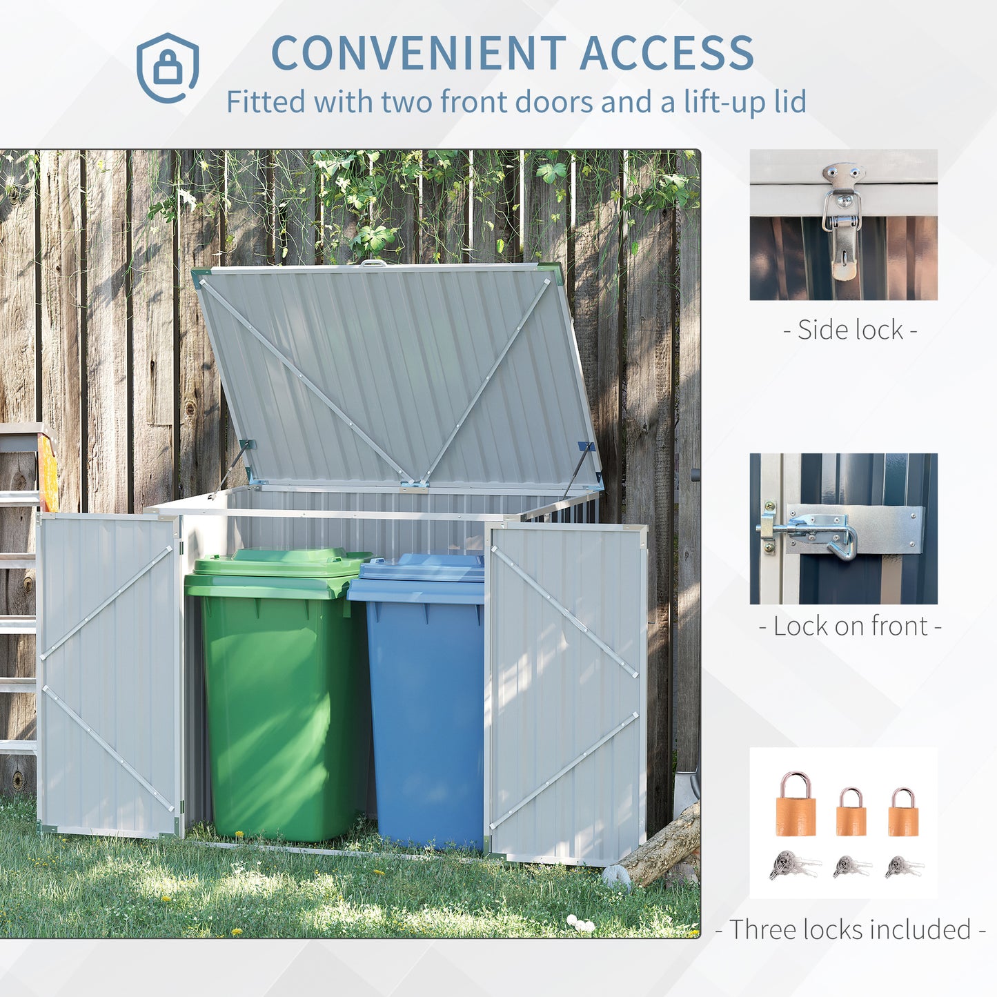 Outsunny 5ft x 3ft Garden 2-Bin Steel Storage Shed, podwójny schowek na śmieci, ukryty kosz na śmieci z zamykanymi drzwiami i otwieraną pokrywą