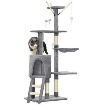 PawHut Cat Scratching Post Cat Tree for Indoor Cats Climbing Tower Scratcher w/ Ladder Kitty Activity Centre 135cm Grey