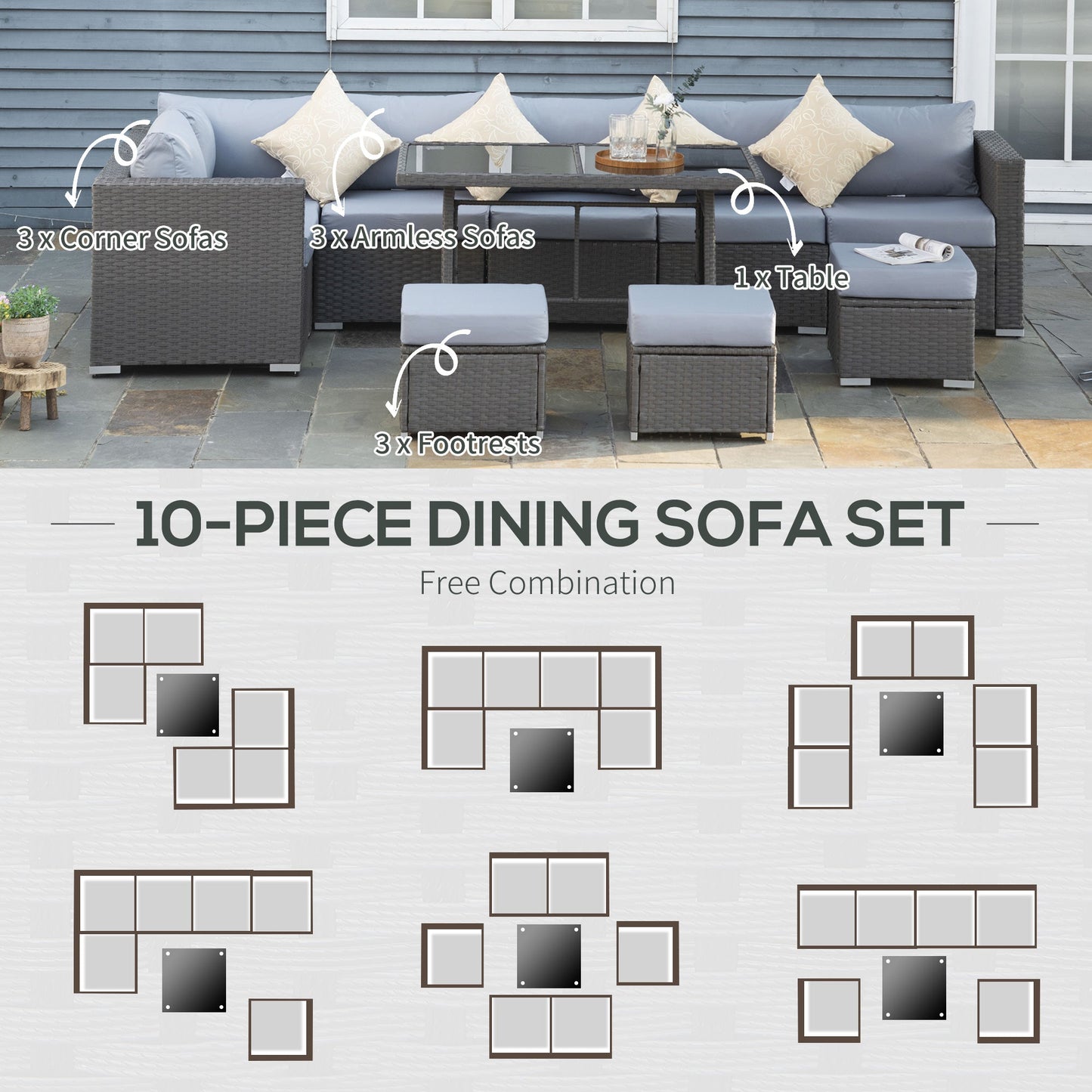 Outsunny 9-Seater Garden Rattan Furniture 10 Pcs Rattan Corner Dining Sofa Set, Grey/Dusty Blue Cushion