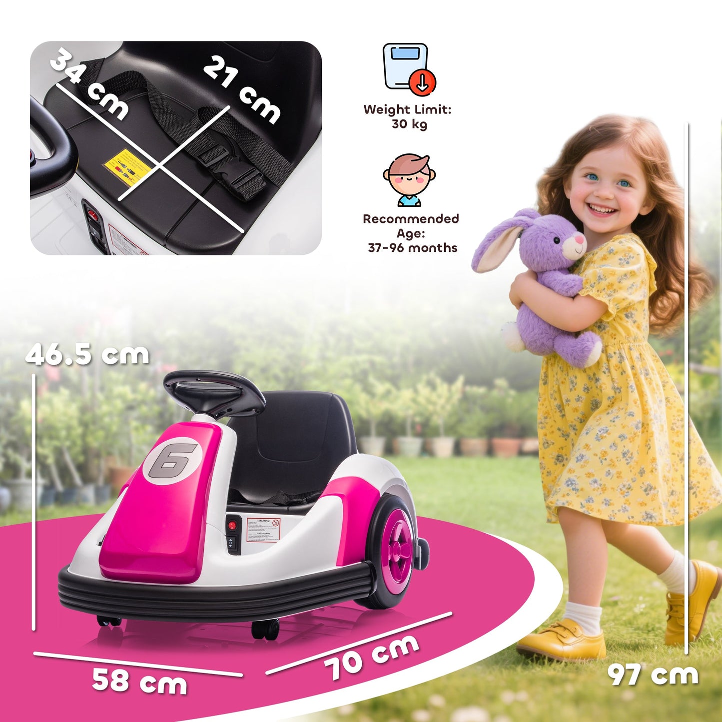 AIYAPLAY Kids Bumper Car with 360-Degree Rotation, 6V Electric Ride On Car with Music and Horn for 3-8 Years Old, Pink