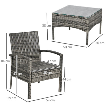 Zestaw mebli ogrodowych Outsunny z rattanu, 3 elementy, stolik kawowy i krzesła ze szklanym blatem, zmywalne poduszki na zewnątrz, patio, balkon, kolor mieszany szary