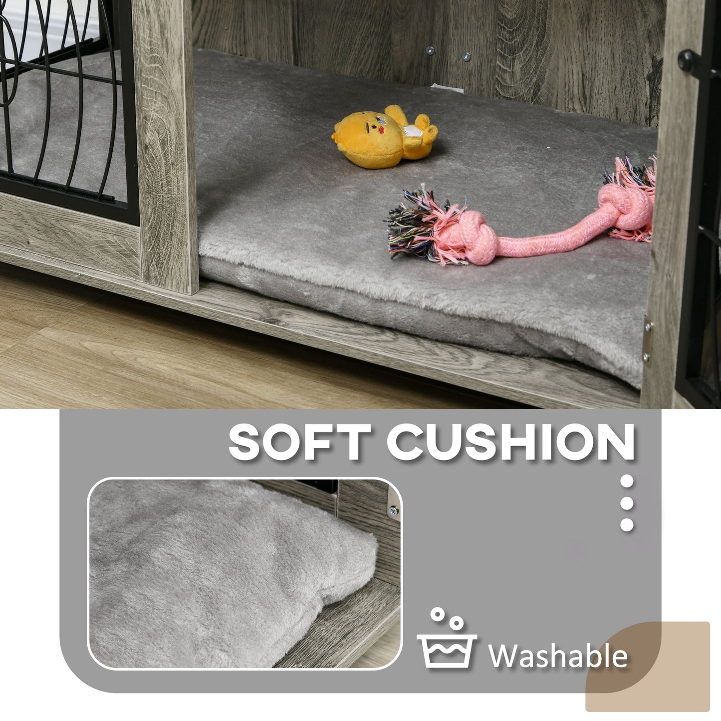 PawHut Indoor Dog Crate Furniture End Table with Soft Washable Cushion, Lockable Front Door, for Large Dogs - Grey