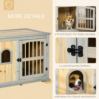 PawHut Wooden Dog Crate, End Table w/ Lockable Door and Window for Small and Medium Dog, Grey and Yellow, 95 x 65.5 x 70.5cm