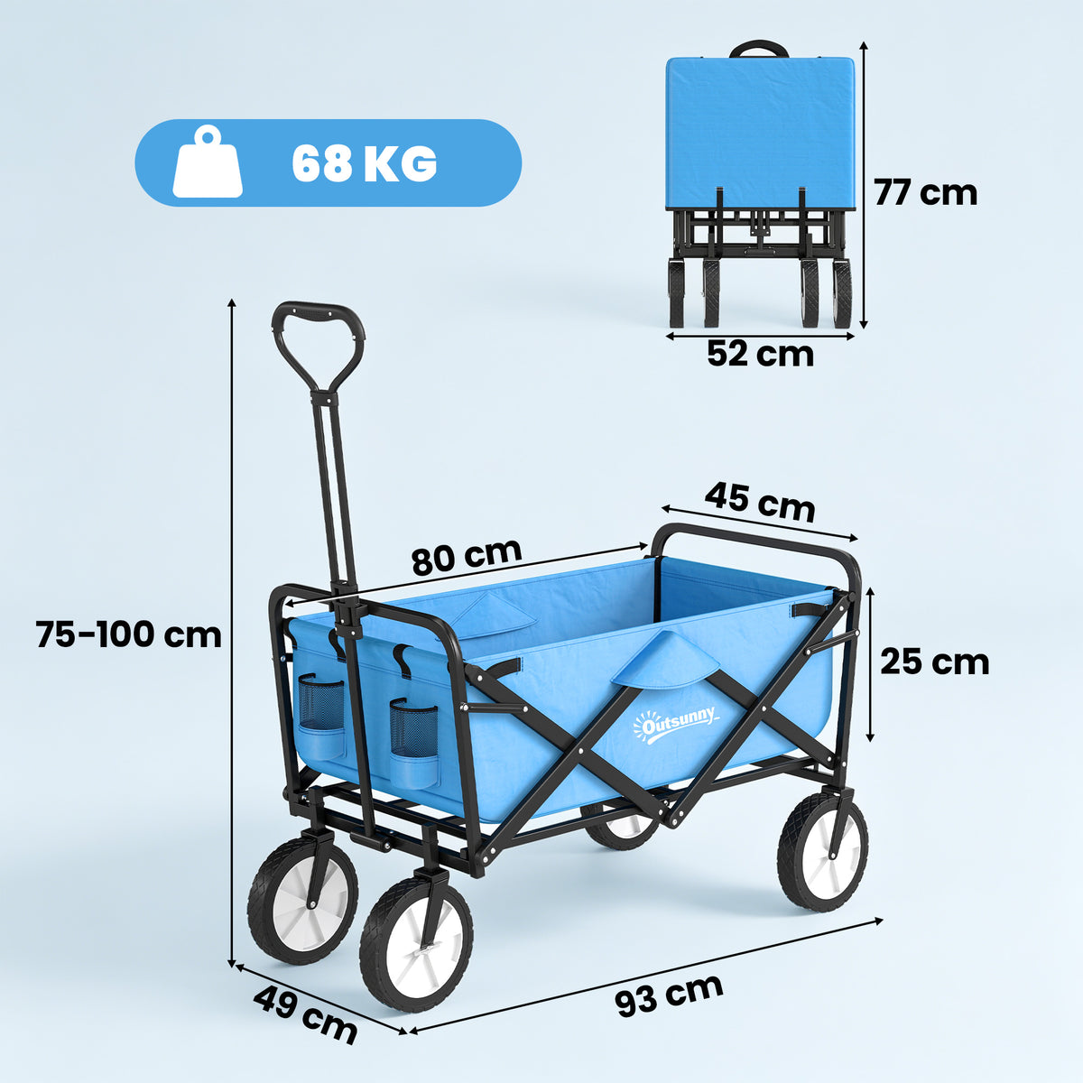 Outsunny 135L Festival Trolley on Wheels, Folding Wagon Camping Trolley Cart with Adjustable Handle, Dual Brakes, Portable Wagon Cart for Outdoor, Garden, Shopping, Fishing, Blue