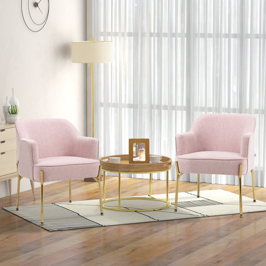 HOMCOM Accent Chair, Living Room Armchair, Vanity Chair with Gold Plating Metal Legs and Soft Padded Seat for Bedroom and Cafe, Set of 2, Pink