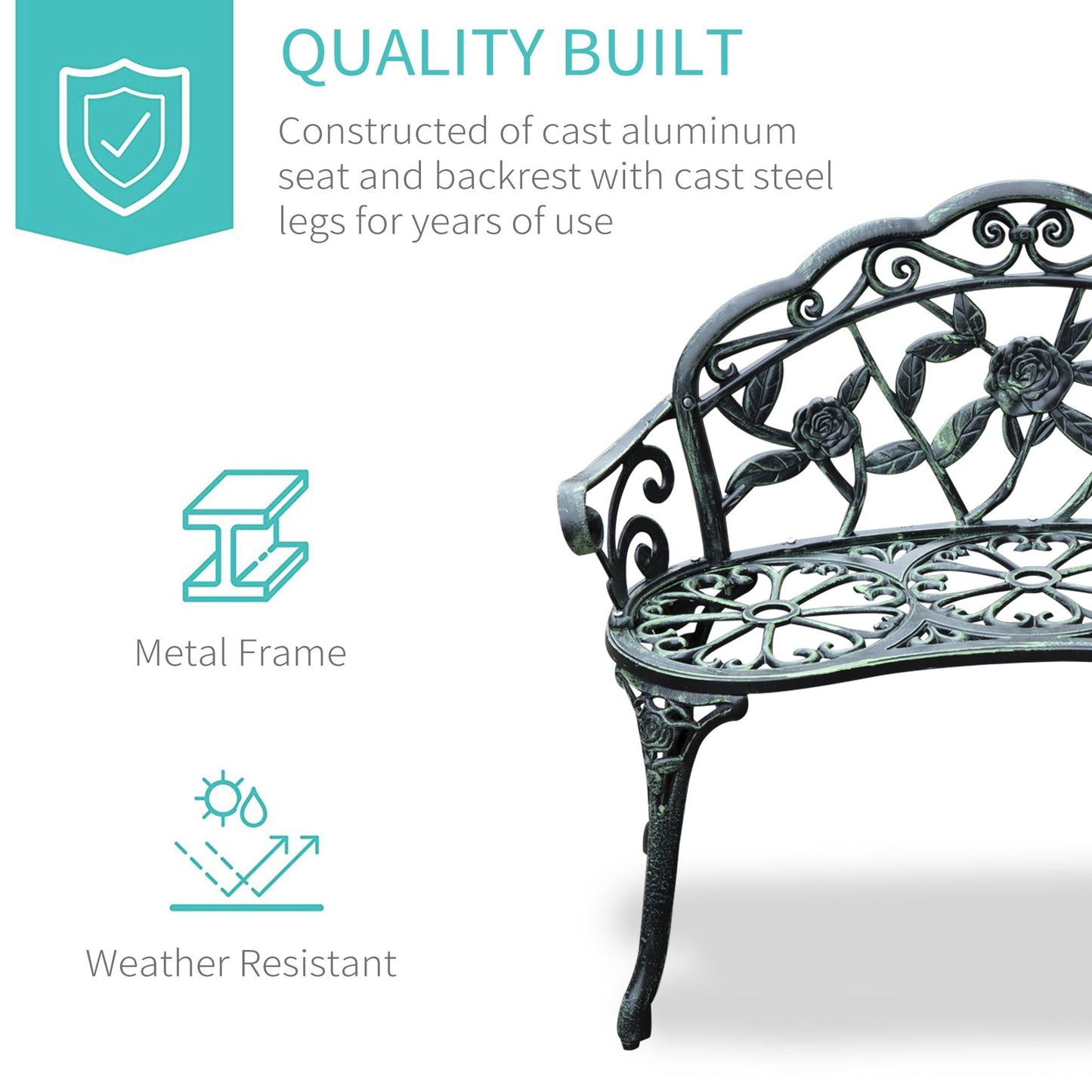 Outsunny Cast Aluminium Outdoor Garden Patio Antique Rose Style Bench Porch Park Chair Seat - أخضر