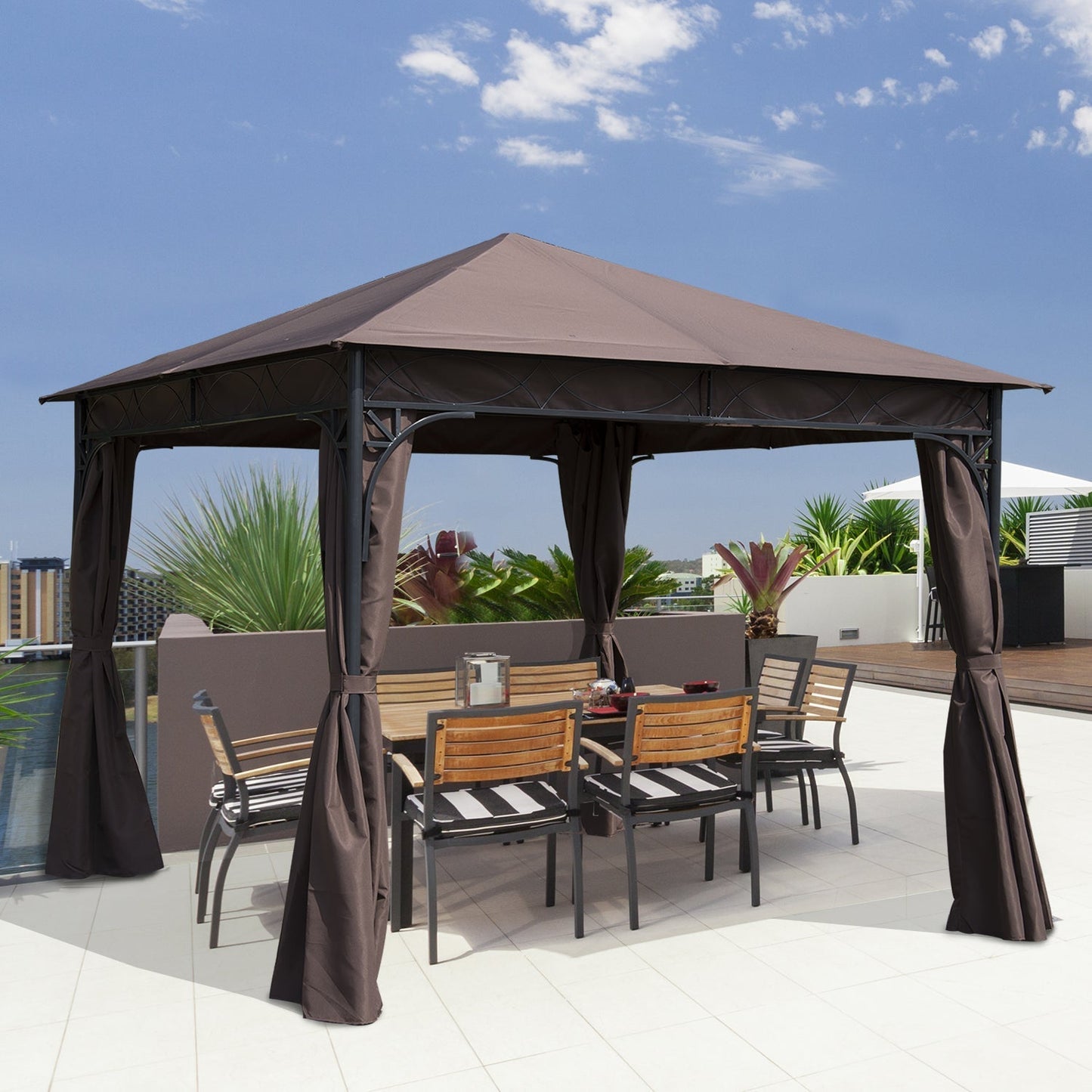 Outsunny√Ç 3√Ç x√Ç 3(m) Garden Gazebo, Outdoor Gazebo Canopy Shelter with Curtains and Steel Frame for Lawn, Yard and Deck, Coffee
