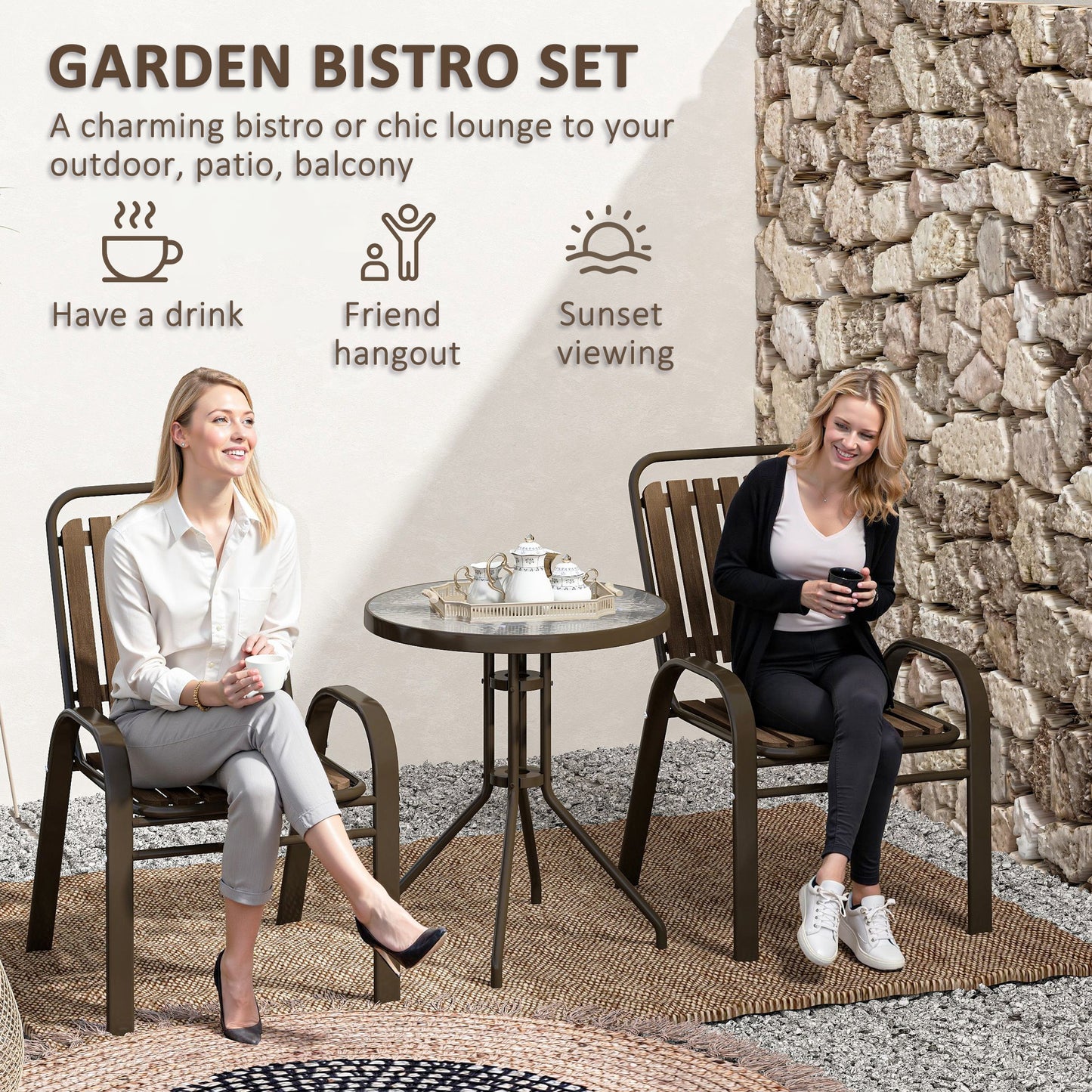 Outsunny 3-częściowy zestaw ogrodowy Bistro z krzesłami składanymi, stół ze szkła hartowanego, na zewnątrz, balkon, patio, ogród, ciemny brąz