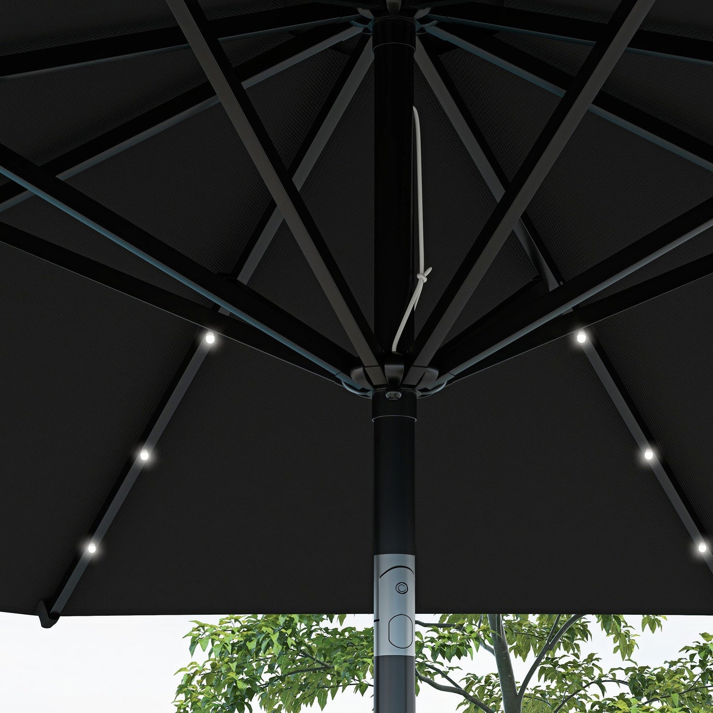 Outsunny Φ2.7m Garden Parasol Solar Outdoor Tilt Sun Umbrella Patio Sun Shade w/ 24 LED Light, Hand Crank and 8 Ribs, Black