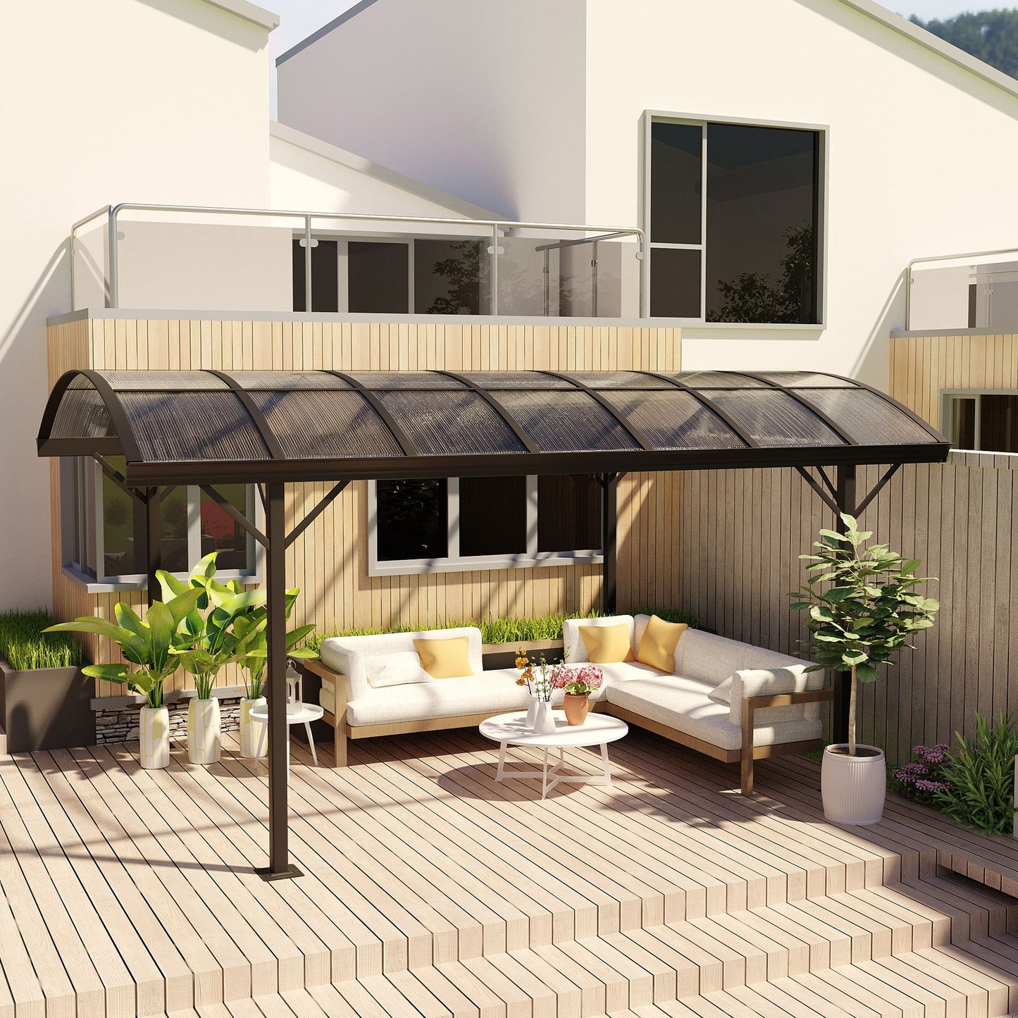 Outsunny 5 x 3(m) Hardtop Gazebo Aluminium Pavilion Carport Garden Shelter Pergola with Polycarbonate Roof, Brown