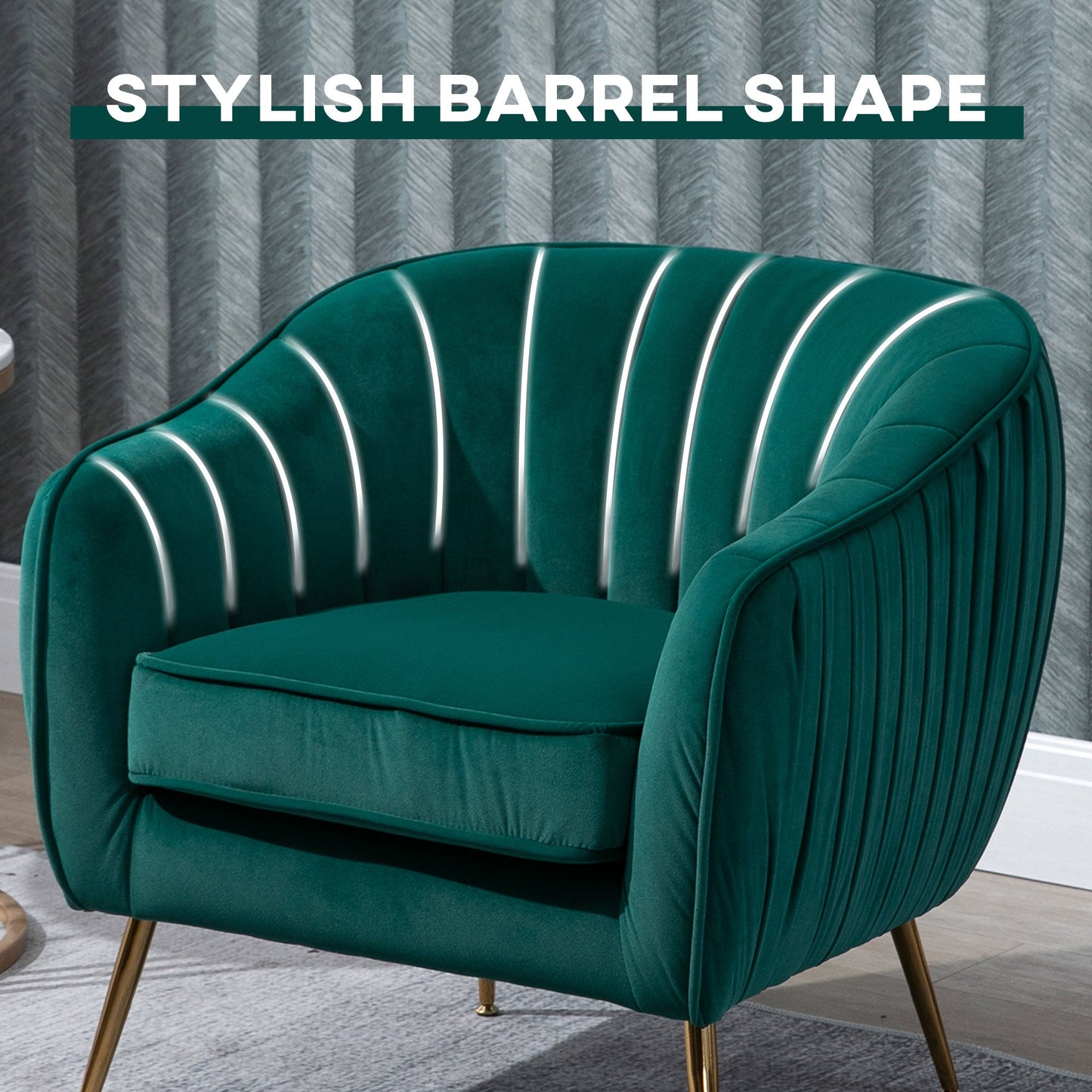 Retro Style Velvet-Feel Tub Armchair, with Gold Tone Legs - Green