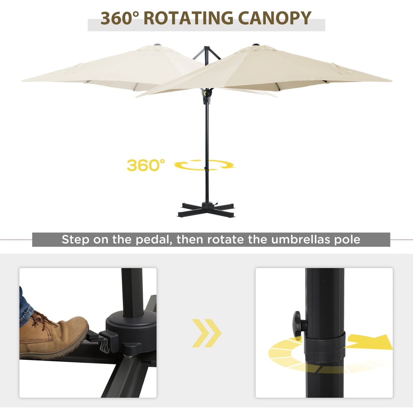 Outsunny 2,5 x 2,5 m Parasol tarasowy z wysięgnikiem, aluminiowy, wiszący, z możliwością obrotu o 360° z korbką i podstawą krzyżową, kremowo-biały