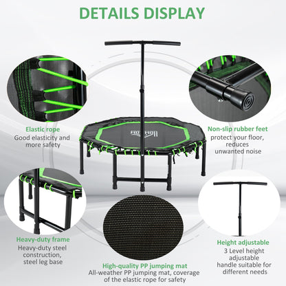 48" Octagonal Mini Fitness Rebounder Trampoline Indoor Outdoor Foldable Mini Jumper with Adjustable Handle, Green