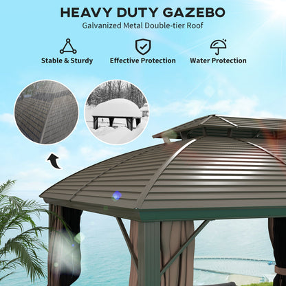 Outsunny 3.65 x 3(m) Hardtop Steel Gazebo Canopy with Aluminium Frame, Double Roof, Net Sidewalls and Curtains, Coffee