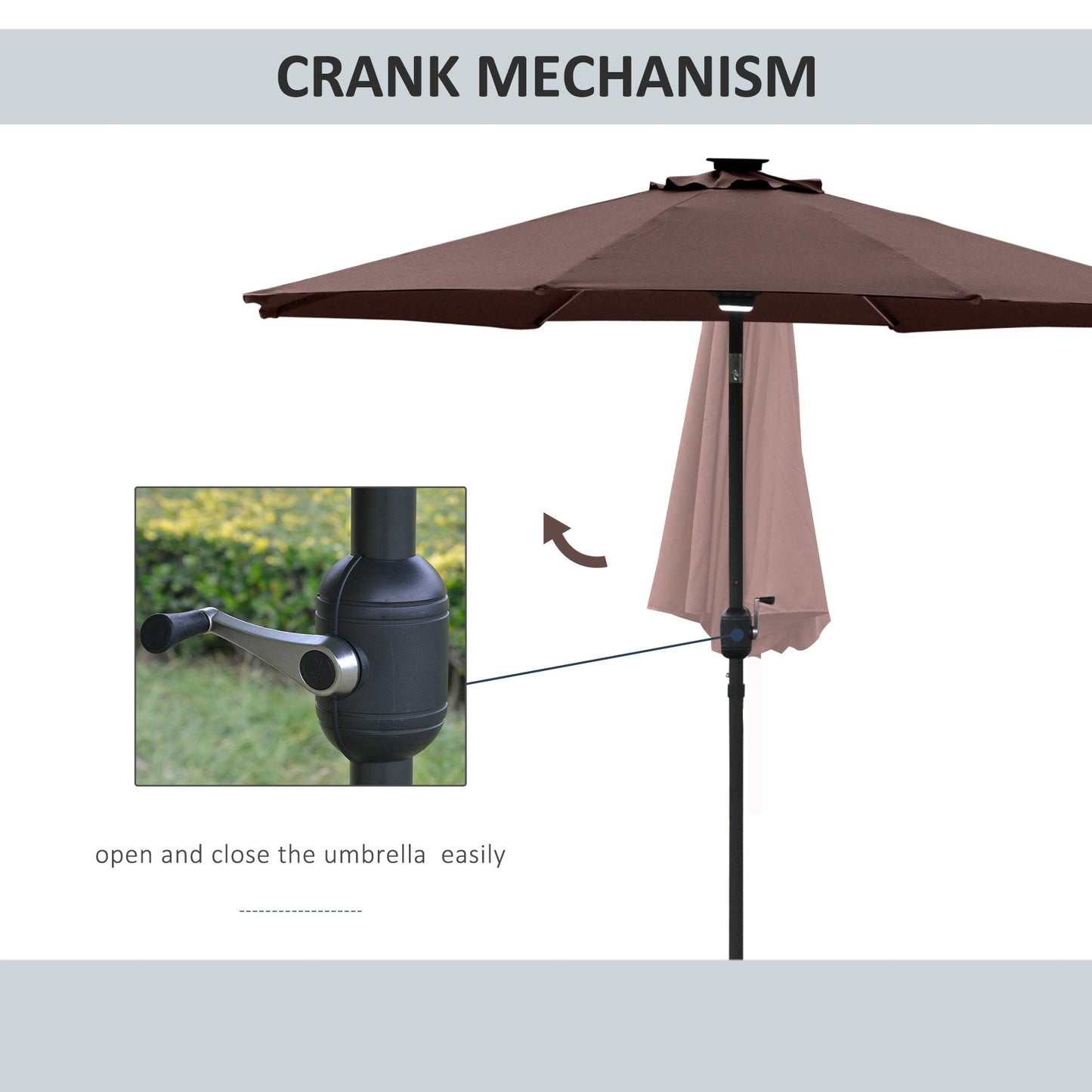 Outsunny 2.7m Garden Parasol Sun Umbrella Patio Summer Shelter w/ LED Solar Light, Angled Canopy, Vent, Crank Tilt, Coffee Brown