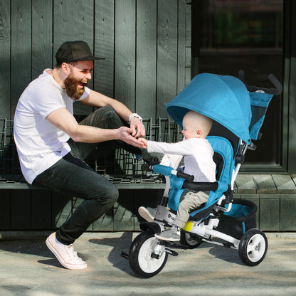 4 in 1 Kids Trike Push Bike w/ Push Handle, Canopy, 5-point Safety Belt, Storage, Footrest, Brake, for 1-5 Years, Blue