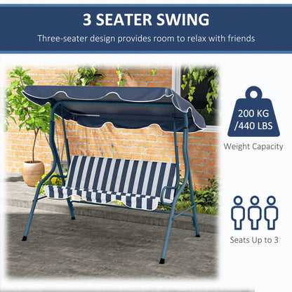 Outsunny 3 Seater Canopy Swing Chair Outdoor Garden Bench with Adjustable Canopy and Metal Frame - Blue Stripes