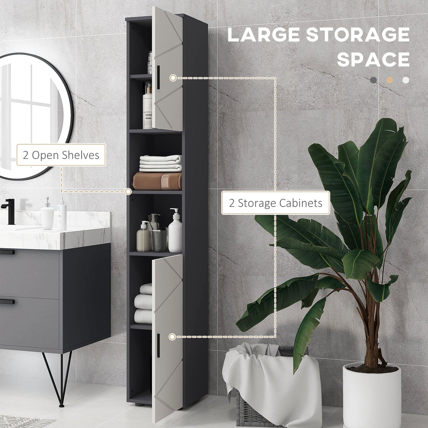 kleankin Line Embossed Tall Bathroom Storage Cabinet - Grey