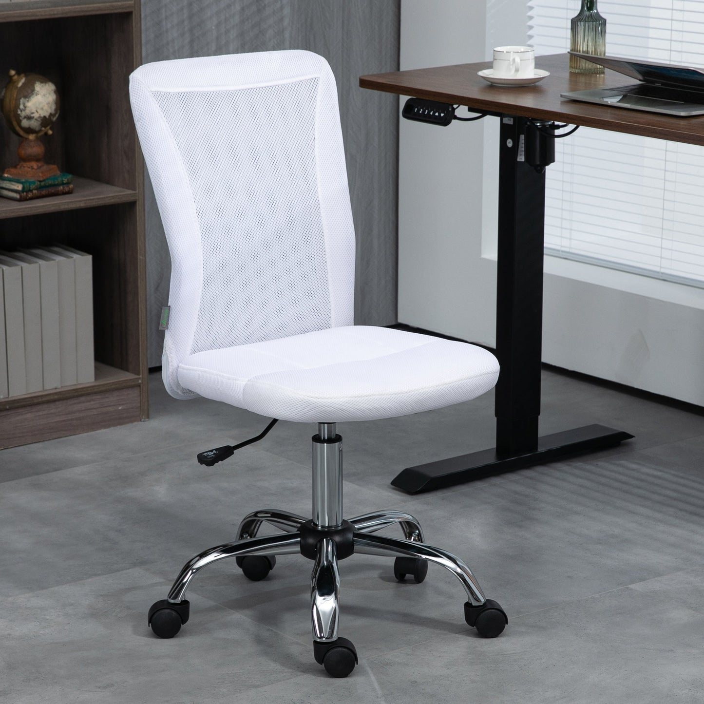 Vinsetto Computer Desk Chair, Mesh Office Chair with Adjustable Height and Swivel Wheels, Armless Study Chair, White