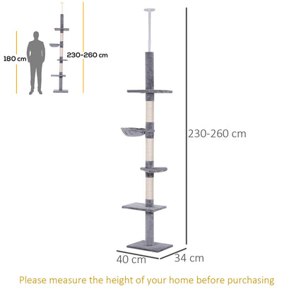 PawHut Floor to Ceiling Cat Tree for Indoor Cats 5-Tier Kitty Tower Climbing Activity Center Scratching Post Adjustable Height 230-260 cm Grey