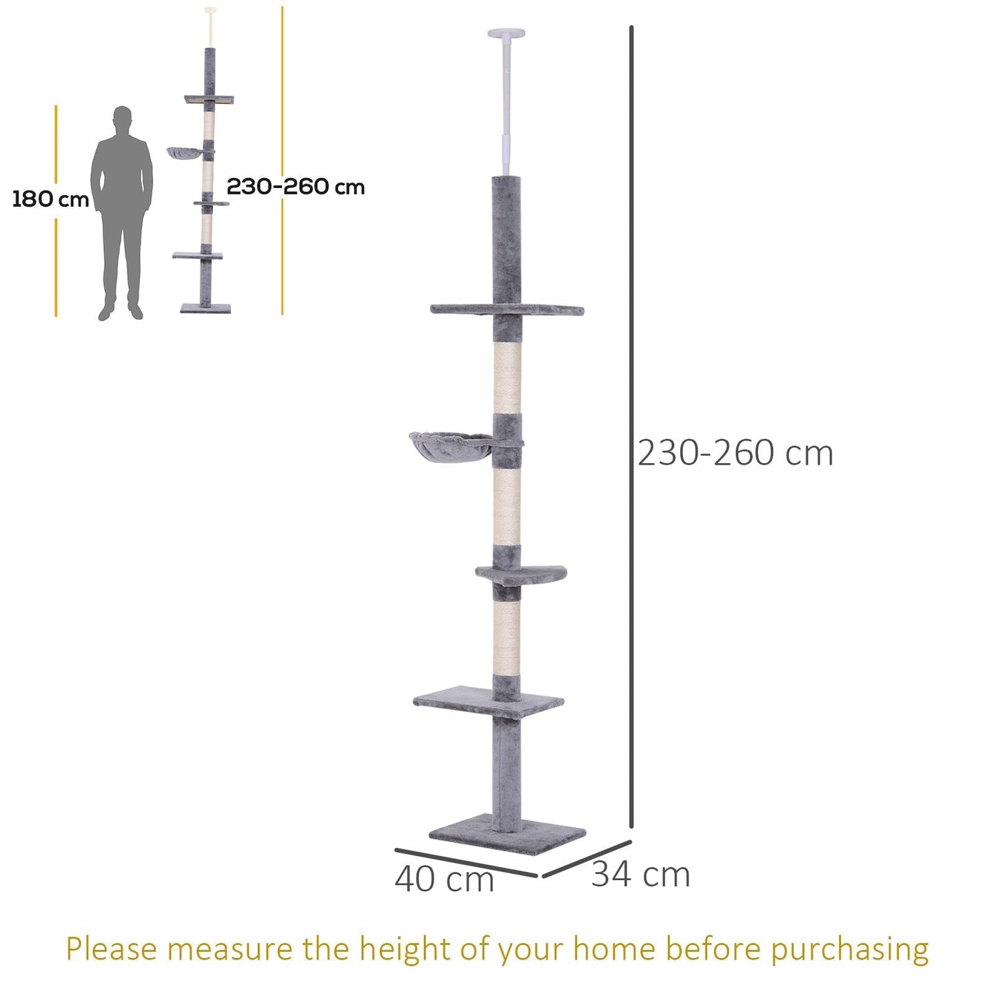 PawHut Floor to Ceiling Cat Tree Height Adjustable 230-260cm, 5-Tier Cat Tower with Scratching Post, Hammock, Perches, Climbing Activity Centre for Indoor Kittens, Grey