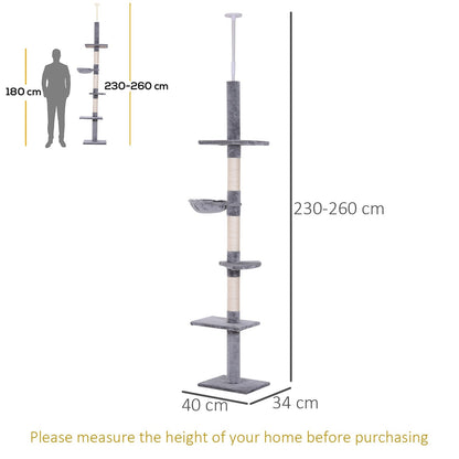 PawHut Floor to Ceiling Cat Tree Height Adjustable 230-260cm, 5-Tier Cat Tower with Scratching Post, Hammock, Perches, Climbing Activity Centre for Indoor Kittens, Grey
